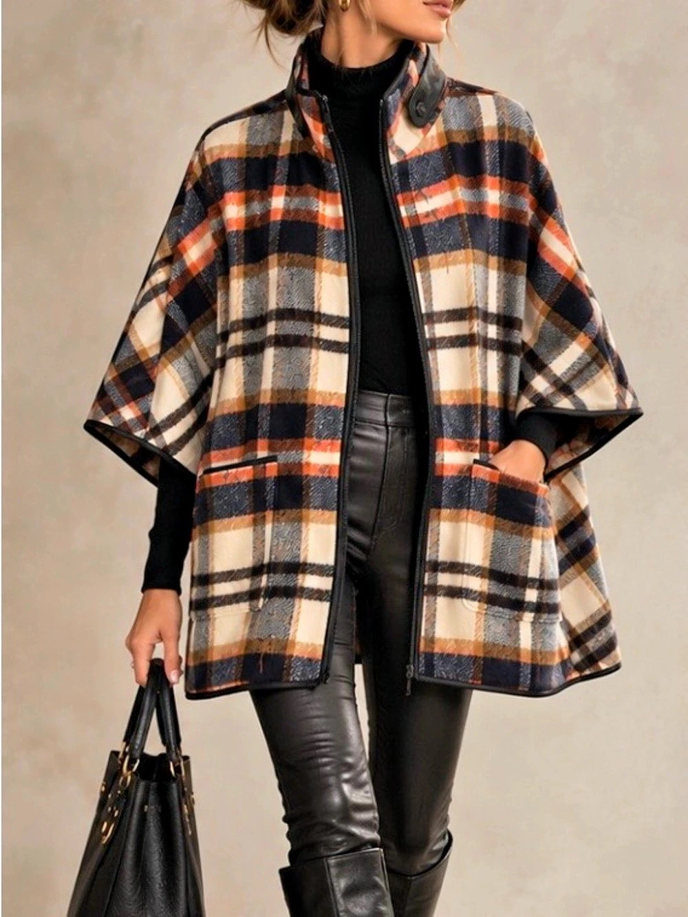 Renuar Plaid Cape Jacket XS Wool Blend Zip Poncho Preppy Equestrian Fall